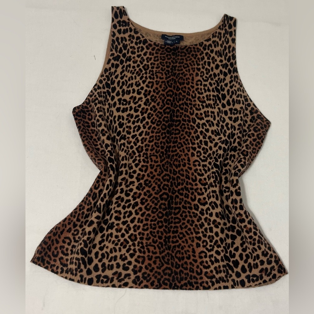 Magaschoni 100% Cashmere Leopard Print Sleeveless Tank Top L - Picture 2 of 6